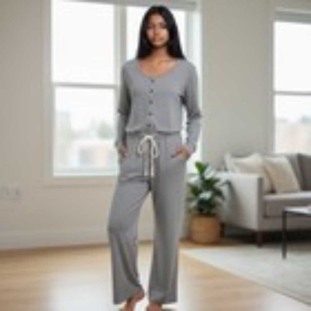 Aerie Weekend Sweatsuit Jumpsuit Gray Drawstring Wide Leg Buttons Size Medium